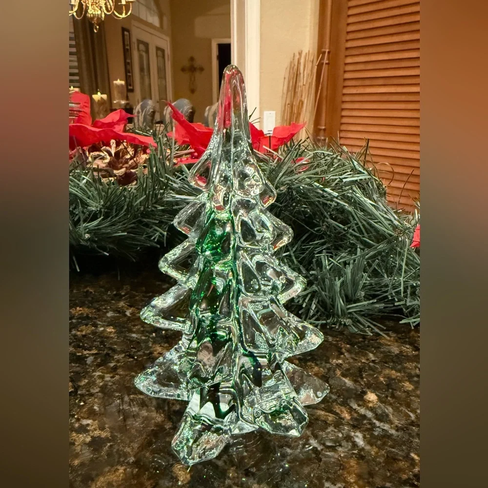 Vintage Price Products Crystal Clear Glass /Green Stripe Christmas Tree 6
